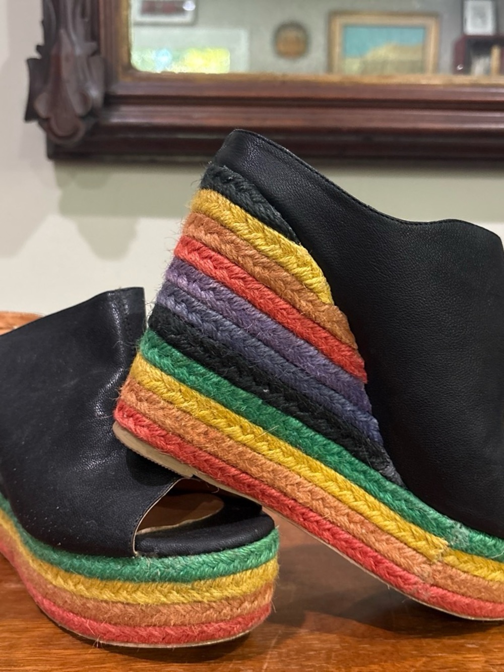 N.Y.L.A. Black Wedge Espadrille Sandals with Multicolor Rope Platform Sz 8